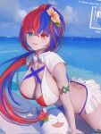 1girl alear_(female)_(fire_emblem) alear_(female)_(seaside_dragon)_(fire_emblem) alear_(fire_emblem) alluring armlet big_breasts bikini blue_bikini blue_eyes blue_hair character_ball cleavage criss-cross_halter crossed_bangs fire_emblem fire_emblem_engage fire_emblem_heroes flower gold_armlet gold_thighlet hair_flower hair_ornament halterneck heterochromia high_res intelligent_systems irisli0224 jewelry long_hair multicolored_bikini multicolored_hair multicolored_swimsuit nintendo ocean official_alternate_costume official_alternate_hairstyle open_mouth red_bikini red_eyes red_hair showgirl_skirt sideboob sommie_(fire_emblem) split-color_hair swimsuit thighlet two-tone_hair very_long_hair white_bikini