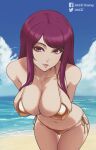 1girl alluring alternate_costume bare_shoulders big_breasts bikini cleavage collarbone female_only fire_emblem fire_emblem_engage gold_bikini gold_swimsuit high_res intelligent_systems ivy_(fire_emblem) johncgz leaning_forward long_hair looking_at_viewer mole mole_under_mouth more_at_source navel nintendo purple_eyes purple_hair shiny_swimsuit smile swimsuit yellow_bikini yellow_swimsuit