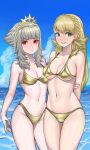 1girl 2_girls alluring alternate_costume alternate_hairstyle bangs bare_midriff bare_thighs bikini blonde_hair braid cleavage female_only fire_emblem fire_emblem_heroes gold_bikini gold_swimsuit green_eyes grey_hair intelligent_systems long_hair medium_breasts midriff multiple_females multiple_girls nintendo ocean official_alternate_hairstyle outside pocari66 red_eyes sharena_(fire_emblem) short_hair sidelocks small_breasts swimsuit thighs under_boob veronica_(fire_emblem) yellow_bikini yellow_hair yellow_swimsuit