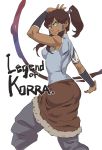 1girl avatar:_the_last_airbender bare_shoulders blue_eyes brown_hair copyright_name dark-skinned_female dark_skin female female_only hair_tubes kingtime korra long_hair looking_back ponytail solo_female the_legend_of_korra* title_drop topknot