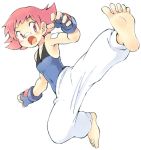  1girl armpits bandage bandages bandaid barefoot feet female fingerless_gloves gloves gym_leader kicking open_mouth oyatsu_(mk2) pants pink_eyes pink_hair pokemon pokemon_(game) pokemon_dppt short_hair simple_background soles solo spread_toes sumomo_(pokemon) toe_spread toes white_background 