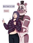 1boy 1girl 1girl adult aged_up animatronic animatronic_male behind_another belly blue blue_eyes boob boob_focus bow bowtie breasts breasts_focus brown_eyes cold count_the_ways creepy_bloody_kitty dirty_talk embarrassed_female five_nights_at_freddy's five_nights_at_freddy's:_sister_location fnaf funtime_freddy funtime_freddy_(fnafsl) goth goth_girl gothic_girl grab_boobs hand_on_breast human_and_robot jock male male/female metallic_body millie millie_fitzsimmons mocking open_belly pleasured purple_hair straight sweater sweater_lift tagme