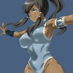  1girl abs adapted_costume arm_warmers armlet armpits avatar:_the_last_airbender bare_shoulders big_breasts bikini black_hair blue_background blue_bikini blue_eyes blue_swimsuit breasts dark-skinned_female dark_skin female female_only hair_tubes korra leotard long_hair muscle naso4 navel ponytail simple_background smile solo solo_female swimsuit the_legend_of_korra the_legend_of_korra* topknot vambraces 