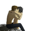 2boys artist_request black_hair black_pants brown_hair closed_eyes couple duo gundam gundam_00 hugging kissing lockon_stratos love male/male male_only multiple_boys neil_dylandy nude nude_male pants romantic romantic_couple setsuna_f_seiei shirtless short_hair topless topless_male yaoi