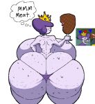 1girl 2024 ass backboob big_ass big_breasts big_thighs bikini_bottom breasts bubble_butt crown derby food freckles holding_food horse_folder huge_ass huge_breasts lavender_skin lenstar_productions looking_at_food loose_ends meat purple_hair reference_image short_hair smile smug sweat text thick_thighs thinking thought_bubble topless varix viewed_from_behind voluptuous voluptuous_female wide_hips