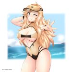 1girl alluring big_breasts blonde_hair cleavage female fire_emblem fire_emblem_fates grey_eyes grin hayato_stuff high_res intelligent_systems long_hair looking_at_viewer nintendo ocean one-piece_bikini one_eye_closed ophelia_(fire_emblem) outstretched_arm reaching reaching_towards_viewer smile swimsuit under_boob visor_cap yellow_one-piece_bikini