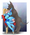1girl arm_support ass bestiality big_ass big_breasts black_nose blonde_female blonde_hair blue_bodysuit blue_eyes blush bodysuit border breasts brown_eyes canine chair closed_mouth dog dog_penis doggy_position eye_contact eyebrows_visible_through_hair eyes_visible_through_hair fang female_focus female_moaning femsub from_behind_position full_body hair_ornament half-closed_eyes hand_up happy happy_sex high_heel_bodysuit high_heels high_ponytail huge_ass knees_together_feet_apart legs lips lipstick long_hair looking_at_another looking_back looking_down looking_up makeup metroid metroid_zero_mission moaning moaning_in_pleasure neck nintendo nose open_mouth outside_border penetration penis pink_lipstick ponytail pussy red_hair_ornament round_teeth saliva saliva_drip samus_aran sex shadow sitting sitting_on_chair skin_tight smile straight_hair teeth testicle thick_thighs thighs thighsocksandknots tied_hair tongue tongue_out torn_bodysuit torn_clothes uncensored upper_teeth upper_teeth_only vaginal vaginal_penetration vaginal_sex white_border zero_suit zero_suit_samus
