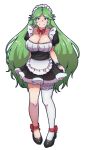1girl akairiot alternate_costume apron bangs big_breasts black_dress black_footwear blush bow bowtie breasts cleavage closed_mouth dress eyebrows_visible_through_hair eyes_visible_through_hair female_only female_solo footwear full_body green_eyes green_hair hair_ornament half-closed_eyes headdress kid_icarus kid_icarus_uprising long_hair looking_at_viewer maid maid_apron maid_headdress maid_uniform naughty_face neck nintendo palutena parted_bangs red_bow red_bowtie short_dress single_thighhigh smile standing straight_hair transparent_background very_long_hair white_legwear white_thighhighs