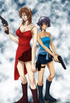 2_girls alice_(resident)_(cosplay) alice_(resident_evil) alternate_costume aqua_eyes arm_at_side artist_request bare_arms bare_legs bare_shoulders big_breasts black_hair black_skirt blue_tubetop boots breasts brown_hair capcom cleavage closed_mouth collarbone cosplay dark-skinned_female dark_skin dress duo eyebrows_visible_through_hair eyes_visible_through_hair female_only footwear genderswap genderswap_(mtf) gun gundam gundam_00 hair_between_eyes hand_up holding holding_gun holding_weapon holster jill_valentine jill_valentine_(cosplay) lockon_stratos looking_at_another looking_at_viewer looking_to_the_side medium_breasts miniskirt multiple_girls neck neil_dylandy pencil_skirt red_dress red_eyes resident_evil resident_evil:_apocalypse resident_evil_(movie) resident_evil_3 serious setsuna_f_seiei short_dress short_hair side-by-side skirt sleeveless sleeveless_dress small_breasts standing strapless trigger_discipline tubetop v_arms weapon