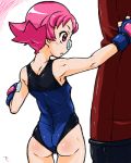 1girl :o armpits art artist_request ass babe bandage bandages bandaid bare_shoulders blue_gloves blue_leotard blush body_blush erect_nipples fingerless_gloves flat_chest from_behind gloves gym_leader leotard lowres maylene muscle neck nintendo one-piece one-piece_swimsuit open_mouth pink_eyes pink_hair pokemon pokemon_(anime) pokemon_(game) pokemon_diamond_and_pearl pokemon_dppt pokemon_trainer profile punching punching_bag short_hair simple_background standing sumomo_(pokemon) sweat sweating swimsuit training white_background