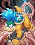 1girl 3_toes 4_fingers ai_generated all_fours anal anal_penetration animal_genitalia animal_penis blue_hair bodily_fluids bracelet bracelets castle_background claws collar cum cum_in_ass cum_in_mouth cum_inside cum_on_ground fangs feet feral fingers genital_fluids genitals hair jewelry koopa koopaling larry_koopa male mario_(series) muscular oral oral_penetration penetration penis scalie sex shell spiked_bracelet spiked_collar spiked_shell spikes spikes_(anatomy) stone_floor stone_wall tapering_penis teeth tentacle tentacle_in_ass tentacle_in_mouth tentacle_penetration tentacle_sex toes vein wall_(structure) yellow_body yiff_ai_(director)