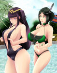 1girl 2_girls adjusting_clothes alluring alternate_costume arant_king ass bare_legs big_breasts bikini black_hair black_swimsuit cleavage covered_nipples feathers female_only fire_emblem fire_emblem_awakening fire_emblem_heroes fire_emblem_warriors green_bikini green_eyes green_hair green_swimsuit hair_ornament intelligent_systems lips long_hair mother_&_daughter multiple_females multiple_girls nintendo nipple_bulge noire_(fire_emblem) one-piece_swimsuit pool purple_eyes purple_hair short_hair sling_bikini swimming_pool swimsuit tharja tharja_(fire_emblem) thick_lips thick_thighs thong_bikini water