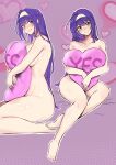 1girl 1girl alluring big_breasts cleavage fire_emblem fire_emblem:_path_of_radiance fire_emblem:_radiant_dawn green_eyes hairband heart heart_symbol intelligent_systems looking_at_viewer mia_(fire_emblem) nintendo nude nude_female pillow pillow_hug purple_hair thick_thighs thighs vialnite yes_pillow