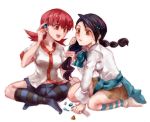 2girls akane_(pokemon) black_hair blush braid breasts clothes_around_waist female footwear gym_leader hair_ornament hairclip holding long_hair lowres mirrrrr multi-tied_hair multiple_girls nintendo open_mouth pokemon pokemon_(game) pokemon_dppt pokemon_hgss red_eyes red_hair smile socks striped striped_legwear striped_socks suzuna_(pokemon) sweater sweater_around_waist white_background