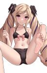 1girl absurd_res alluring artist_name barefoot black_bra black_panties blush bow bra cameltoe closed_mouth collarbone commentary drill_hair elise_(fire_emblem) english_commentary eyelashes feet female_only fire_emblem fire_emblem_fates fire_emblem_warriors foot_focus foot_out_of_frame foot_up foreshortening hairbow hand_up high_res intelligent_systems knee_up leaning_back legs long_hair looking_at_viewer multicolored_hair navel nintendo paid_reward_available panties parted_bangs pink_bow pink_eyes purple_hair pussy red_bow shadow simple_background sitting small_breasts smile soles stomach streaked_hair toes twin_drills underwear very_long_hair white_background x_xith_x