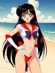 1girl accurate_art_style adult_swim alluring beach bishoujo_senshi_sailor_moon bishoujo_senshi_sailor_moon_r bishoujo_senshi_sailor_moon_r_the_movie bishoujo_senshi_sailor_moon_s bishoujo_senshi_sailor_moon_s_the_movie bishoujo_senshi_sailor_moon_supers bishoujo_senshi_sailor_moon_supers_the_movie black_hair cleavage medium_breasts ocean pin_up purple_eyes rei_hino sailor_bikini seriola toei_animation toonami viz_media