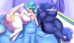 1_boy 2_girls anthro bedroom belly_expansion blues64 gigantic_ass gigantic_breasts harem horn marauder6272 my_little_pony princess_celestia princess_luna sisters sleeping tail wings