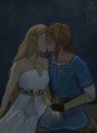 1boy 1girl arm_at_side arms_at_sides bare_arms bare_shoulders belt black_gloves blonde_female blonde_hair blue_earrings blue_hair_ornament blue_shirt blush bracelet breath_of_the_wild brown_belt brown_hair brown_pants closed_eyes couple dark_background dress duo earrings elf fingerless_gloves flowerpower flowerpower_(artist) gloves gold_bracelet gold_jewelry gold_necklace grey_background hair_ornament hetero holding_hands hylian hyrule_warriors hyrule_warriors:_age_of_calamity jewelry kissing link link_(breath_of_the_wild) long_hair love neck necklace nintendo official_alternate_costume pants pointy_ears princess princess_zelda romantic romantic_couple shirt short_hair side-by-side sitting straight_hair strapless strapless_dress the_legend_of_zelda the_legend_of_zelda:_breath_of_the_wild tied_hair very_long_hair white_dress zelda_(breath_of_the_wild)