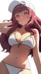 1girl 1girl ahonoko alluring alternate_costume baseball_cap big_breasts bikini blush cleavage closed_mouth collarbone commentary_request cowboy_shot facial_mark fire_emblem fire_emblem_engage front-tie_bikini_top front-tie_top hair_ornament hand_in_own_hair hat high_res intelligent_systems long_hair looking_at_viewer looking_down navel nintendo red_eyes red_hair sideboob sidelocks simple_background skindentation split_mouth star_(symbol) star_facial_mark star_hair_ornament straight_hair swimsuit under_boob white_background white_bikini white_hat yunaka_(fire_emblem)