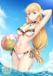 1girl 1girl 1girls alluring alternate_costume ball_(object) bangs bare_midriff bare_thighs beach_ball bikini blonde_hair braid cleavage female_only fire_emblem fire_emblem_cipher fire_emblem_heroes green_eyes intelligent_systems long_hair looking_at_viewer medium_breasts midriff nabunabu nintendo ocean official_alternate_costume orb outside sharena_(fire_emblem) smile swimsuit thighs very_long_hair water white_bikini white_swimsuit