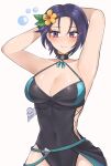 1girl alluring artist_name big_breasts black_hair cleavage curvy fire_emblem fire_emblem:_three_houses intelligent_systems light-skinned_female light_skin one_piece_bikini purple_eyes purrlucii shamir_nevrand shamir_nevrand_(summer) swimsuit white_background