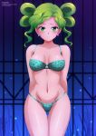 1girl adult_swim alluring arms_behind_back big_breasts bishoujo_senshi_sailor_moon bishoujo_senshi_sailor_moon_s blue_bra blue_panties blush bra cleavage collarbone earrings floral_print grass green_eyes green_hair hair_bun high_res jewelry looking_at_viewer navel panties print_bra printed_panties single_hair_bun sky smile snow standing tellu tellu_(sailor_moon) toei_animation toonami underwear viz_media window zel-sama