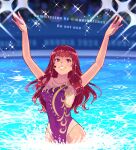 1girl 1girl adversarial_noise alluring alternate_costume arms_up facial_mark fire_emblem fire_emblem_engage gold_trim grin hair_ornament high_res in_water intelligent_systems long_hair looking_at_viewer mango_(mgosketches) nintendo one-piece_bikini pool purple_one-piece_bikini red_eyes red_hair smile sparkle star_(symbol) star_facial_mark star_hair_ornament swimming_pool swimsuit water yunaka_(fire_emblem)