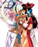  2girls black_hair blue_eyes blush bow breast_press breasts cherry_blossoms dark_skin female gloves japanese_clothes kiss loco long_hair majikina_mina multiple_girls nakoruru nipples no_panties open_clothes ponytail red_bow ribbon ribbons samurai_spirits snk symmetrical_docking uncensored white_hair yuri 