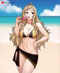 1girl 1girl 1girls aged_up ahoge alluring alternate_costume bare_thighs beach big_breasts bikini black_eyes blonde_hair cleavage day eating female_only fire_emblem fire_emblem_fates hayato_stuff intelligent_systems nintendo ocean open_mouth ophelia_(fire_emblem) outside popsicle sarong swimsuit thighs under_boob yellow_bikini yellow_swimsuit