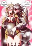 1girl 2_girls ahoge alluring bare_thighs big_breasts black_panties blonde_hair blush circlet cleavage english_text fire_emblem fire_emblem_fates grey_eyes grey_hair heart intelligent_systems jadenkaiba lips long_hair ophelia_(fire_emblem) panties shield soleil_(fire_emblem) teen text thick_thighs thighs yuri