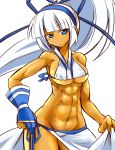 abs blue_eyes breasts dark_skin female gloves hairband kobayashi_tetsuya long_hair majikina_mina muscle navel ponytail samurai_spirits snk solo toned underboob white_background white_hair