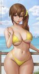 1girl 1girl 1girl absurd_res alluring beach bikini bikini_bottom bikini_top brown_hair curvaceous curvy_female curvy_figure dead_or_alive dead_or_alive_xtreme_venus_vacation female_focus female_only high_resolution huge_breasts long_hair looking_at_viewer meekohopanes misaki_(doa) navel_piercing ocean sfw silf smile solo_female solo_focus tecmo voluptuous voluptuous_female water yellow_bikini