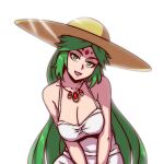1girl akairiot alternate_costume bangs bare_arms big_breasts breasts circlet cleavage closed_mouth dress female_only female_solo green_eyes green_hair half-closed_eyes hat head_tilt headwear jewelry kid_icarus kid_icarus_uprising long_dress long_hair looking_at_viewer naughty_face neck necklace nintendo open_mouth palutena parted_bangs simple_background sleeveless sleeveless_dress smile straight_hair straw_hat summer_dress thick_eyebrows v_arms very_long_hair white_background white_dress