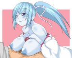  1girl aoi_(gegege_no_kitarou) blue_eyes blue_hair blue_skin breast_suppress breasts censored female gegege_no_kitarou huge_breasts large_breasts long_hair makarou male_pubic_hair nipples paizuri pale_skin penis pink_background ponytail pubic_hair puffy_nipples ribbon simple_background solo_focus sweat touei white_border yuki_onna yuki_onna_(gegege_no_kitarou) 