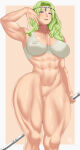 1girl abs adjusting_hair alluring arcedo athletic_female bare_legs bare_midriff beauty_mark big_breasts braid braided_ponytail covered_nipples curvy female_abs female_only fire_emblem fire_emblem_heroes fit_female from_below green_hair green_pupils grey_eyes hair_over_shoulder intelligent_systems looking_at_viewer looking_down midriff mole naked_from_the_waist_down nintendo nott_(fire_emblem) open_mouth ponytail pussy smile tank_top thick_thighs voluptuous weapon