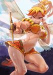 1girl alternate_costume big_breasts blonde_hair breasts cleavage disney female grin insect_wings kousaku long_hair navel outdoors peter_pan ponytail princess_royale skindentation smile solo sword tiara tinker_bell toned weapon wide_hips wings yellow_eyes