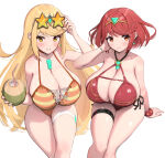 2_girls alluring big_breasts bikini blonde_hair cleavage gold_eyes gonzarez heroine heroines mythra_(xenoblade) nintendo pin_up pyra pyra_(xenoblade) red_eyes red_hair xenoblade_(series) xenoblade_chronicles_2