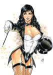 1girl big_breasts black_bow black_bowtie black_hair black_hat black_headwear black_jacket blue_eyes bow bowtie breasts cleavage corset curtains dc_comics dcau detached_collar female_only female_solo fishnet_legwear fishnet_stockings fishnet_thighhighs fishnets garter_straps grin hand_up hat hat_removed headwear heroine jacket juniormaia100 juniormaia100_(artist) justice_league justice_league_unlimited legs legs_together legwear lips lipstick long_hair looking_at_viewer magic magic_wand magician makeup naughty_face neck outstretched_arm parted_lips purple_lipstick smile standing star star_(symbol) stockings straight_hair strapless superhero_costume superheroine thighs top_hat wand white_corset zatanna zatanna_zatara