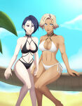 2_girls abs absurd_res alluring artist_request athletic_female beach big_breasts bikini black_bikini black_vs_white blonde_hair blue_eyes catherine_(fire_emblem) chimichimi choker cloud dark-skinned_female dark_skin female_abs female_focus fire_emblem fire_emblem:_three_houses fit_female high_res holding_hands intelligent_systems looking_away master_chimichurri medium_breasts multiple_girls navel nintendo o-ring o-ring_top ocean palm_leaf palm_tree purple_eyes purple_hair shamir_nevrand short_hair side-tie_bikini_bottom sitting smile swimsuit tree water white_bikini yuri