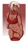 1girl abs alluring athletic_female dark-skinned_female dark_skin face_markings female_abs fire_emblem fire_emblem_fates fit_female intelligent_systems lingerie lips red_eyes rinkah_(fire_emblem) scruffyturtles short_hair six_pack tagme thick_thighs undressing white_hair wide_hips