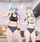 2_girls abs absurd_res alluring athletic_female big_breasts blonde_hair blue_hair buruma closed_eyes closed_mouth commission commissioner_upload dumbbell female_abs fire_emblem fire_emblem_fates fire_emblem_warriors fit_female gluteal_fold gradient_hair grey_eyes gym hair_between_eyes hair_ornament heavy_breathing high_res holding holding_towel indoors intelligent_systems long_hair looking_at_another luna_xd medium_breasts multicolored_hair multiple_girls navel nintendo open_mouth ophelia_(fire_emblem) railing soleil_(fire_emblem) sports_bra sportswear steaming_body sweat toned toned_female towel towel_around_neck very_long_hair wristband