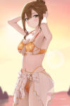 absurd_res alluring arms_behind_head arms_up bikini blush brown_eyes brown_hair commentary dead_or_alive dead_or_alive_xtreme hair_between_eyes high_res hoki1314 long_hair looking_at_viewer medium_breasts misaki_(doa) silf smile sunset swimsuit tecmo thighs water