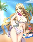 1girl 1girl :d alluring ball beach big_breasts bikini blonde_hair blue_sky cleavage commission day fire_emblem fire_emblem:_the_binding_blade fire_emblem_heroes green_eyes high_res intelligent_systems long_hair navel nintendo ocean open_mouth purple_scarf saint_elimine_(fire_emblem) sand scarf shira_yu_ki skeb_commission sky smile swimsuit very_long_hair volleyball_(object) white_background white_bikini