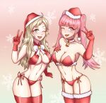 1girl 2_girls ;d alluring alternate_costume bangs bare_shoulders bell bell_collar big_breasts blonde_hair christmas christmas_outfit cleavage clothed clothing elbow_gloves female_only fire_emblem fire_emblem:_three_houses fire_emblem_fates garter_straps gloves grey_eyes hat hayato_stuff hilda_valentine_goneril intelligent_systems long_hair multiple_females multiple_girls nintendo one_eye_closed open_mouth ophelia_(fire_emblem) panties pink_eyes pink_hair red_panties smile stockings twin_tails v wink