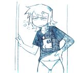 1girl arm_tattoo no_color panties short_hair sleepwear solo_female solo_focus tattoo tired underwear