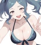 1girl 1girl 1girl :d alluring bare_shoulders big_breasts bikini blue_bikini blue_hair blush cleavage collarbone commentary_request cynthia_(fire_emblem) fire_emblem fire_emblem_awakening grey_eyes high_res intelligent_systems long_hair looking_at_viewer n_54 open_mouth sideboob silf simple_background skindentation smile swimsuit teeth twin_tails upper_body upper_teeth_only v white_background