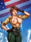 alison_r_hart_burnett american_flag big_breasts breasts bronxboy79 brown_eyes brown_hair fireworks g.i._joe gloves lady_jaye looking_at_viewer open_shirt open_uniform salute