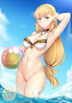 1girl 1girl 1girl absurd_res alluring b ball_(object) bangs bare_legs bare_midriff bare_thighs beach_ball blonde_hair braid female_focus female_only fire_emblem fire_emblem_heroes green_eyes high_res intelligent_systems long_hair looking_at_viewer medium_breasts midriff nabunabu naked_from_the_waist_down navel nintendo nocean outside pussy sharena_(fire_emblem) shaved_pussy smile solo_female solo_focus thighs uncensored very_long_hair water