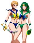 2_girls adult_swim alluring athletic_female back_bow big_breasts bishoujo_senshi_sailor_moon bishoujo_senshi_sailor_moon_s bishoujo_senshi_sailor_moon_s_the_movie bishoujo_senshi_sailor_moon_supers bishoujo_senshi_sailor_moon_supers_the_movie blonde_hair blue_bow blue_bowtie blue_choker blue_eyes blue_sailor_collar bow bowtie brooch choker circlet closed_mouth commentary deep_aqua_mirror fit_female gloves green_choker green_hair green_sailor_collar grimbyslayer hand_mirror haruka_ten'ou haruka_tenoh high_res holding holding_mirror holding_sword holding_weapon jewelry long_hair looking_at_another looking_at_viewer magical_girl michiru_kaiou mirror multiple_girls neptune_symbol sailor_collar sailor_neptune sailor_senshi sailor_senshi_uniform sailor_uranus short_hair smile space_sword standing sword toei_animation toonami very_short_hair viz_media wavy_hair weapon white_gloves yellow_bow yellow_bowtie