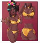 1girl :d absurd_res alluring alternate_costume ass bikini bikini_pull border bracelet brown_hair cleavage clothes_pull collarbone commentary dark-skinned_female dark_skin english_commentary fire_emblem fire_emblem_engage front-tie_top gold_bikini hair_ornament high_res intelligent_systems jewelry looking_at_viewer medium_breasts navel necklace nintendo obsidianwasp open_mouth paid_reward_available pearl_bracelet pearl_hair_ornament ponytail red_eyes shiny_skin side-tie_bikini_bottom smile star-shaped_pupils star_(symbol) string_bikini swimsuit symbol-shaped_pupils thighs timerra_(fire_emblem) very_dark_skin white_border